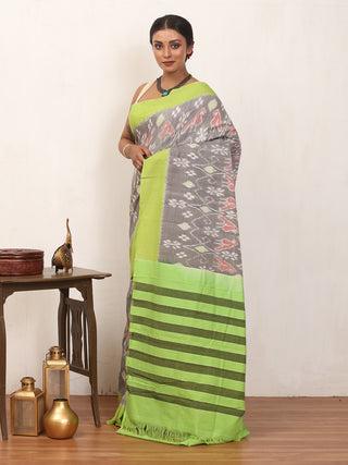 Grey & Lime Green Handwoven Pure Ikkat Cotton Saree