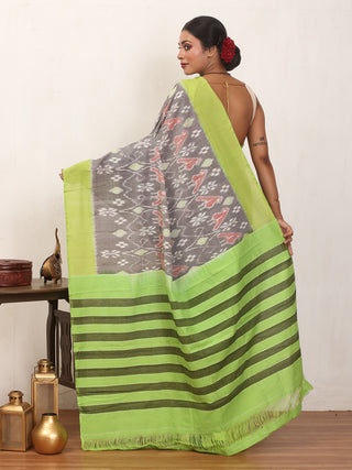 Grey & Lime Green Handwoven Pure Ikkat Cotton Saree