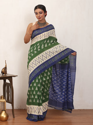Green and Blue Handwoven Pure Ikkat Cotton Saree