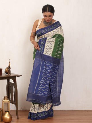 Green and Blue Handwoven Pure Ikkat Cotton Saree