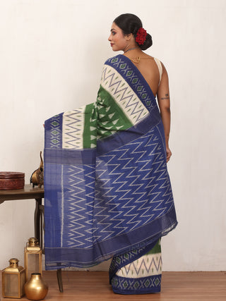 Green and Blue Handwoven Pure Ikkat Cotton Saree