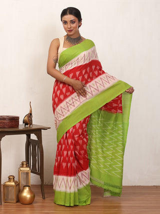Red, White and Green Handwoven Pure Ikkat Cotton Saree