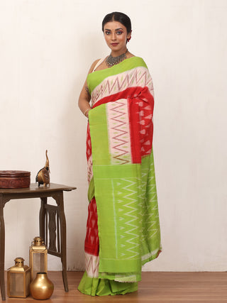 Red, White and Green Handwoven Pure Ikkat Cotton Saree