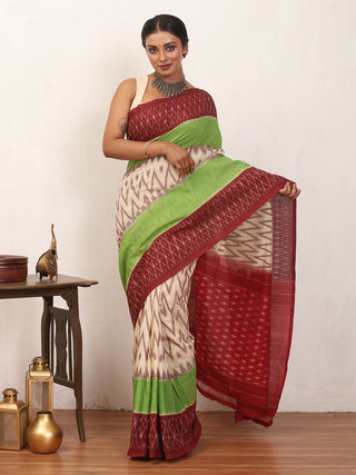 Maroon, Beige, and Green Handwoven Pure Ikkat Cotton Saree