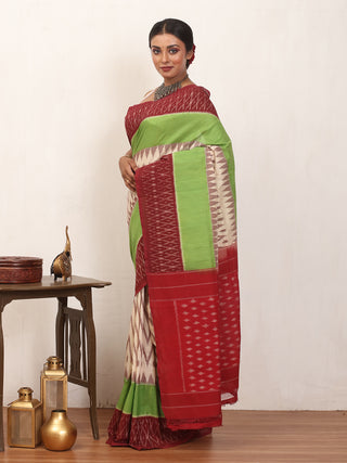Maroon, Beige, and Green Handwoven Pure Ikkat Cotton Saree
