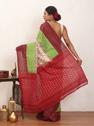 Maroon, Beige, and Green Handwoven Pure Ikkat Cotton Saree