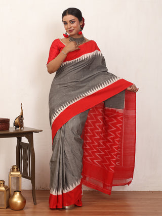 Grey and Red Handwoven Pure Ikkat Cotton Saree