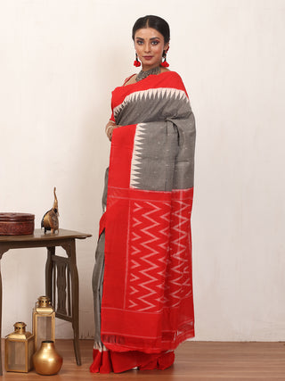 Grey and Red Handwoven Pure Ikkat Cotton Saree
