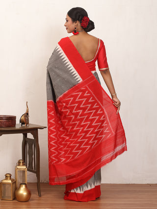 Grey and Red Handwoven Pure Ikkat Cotton Saree
