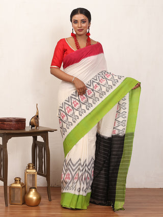 White, Red, Green and Black Handwoven Ikkat Cotton Saree