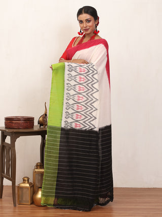 White, Red, Green and Black Handwoven Ikkat Cotton Saree