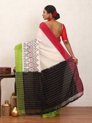 White, Red, Green and Black Handwoven Ikkat Cotton Saree