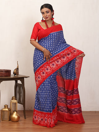 Royal Blue & Red Handwoven Pure Ikkat Cotton Saree