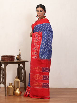 Royal Blue & Red Handwoven Pure Ikkat Cotton Saree