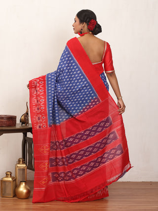 Royal Blue & Red Handwoven Pure Ikkat Cotton Saree