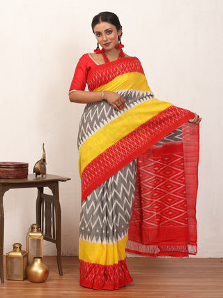 Grey, Yellow & Red Pure Ikkat Cotton Saree