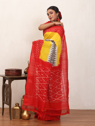 Grey, Yellow & Red Pure Ikkat Cotton Saree