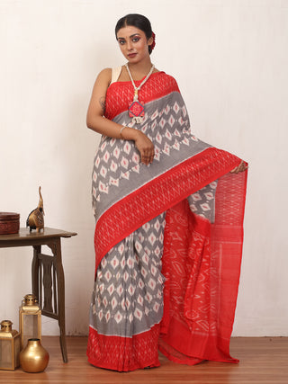 Grey and Red Handwoven Pure Ikkat Cotton Saree