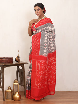 Grey and Red Handwoven Pure Ikkat Cotton Saree