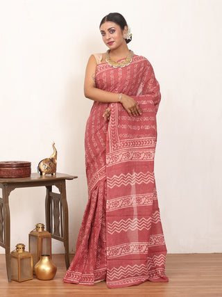 English Rose Colour Pure Jaipur Cotton Saree With Bagru Print