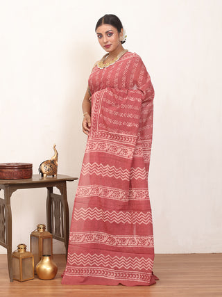 English Rose Colour Pure Jaipur Cotton Saree With Bagru Print
