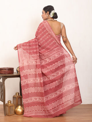 English Rose Colour Pure Jaipur Cotton Saree With Bagru Print