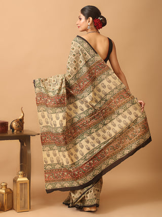 Beige Colour Pure Jaipur Cotton Saree With Bagru Print