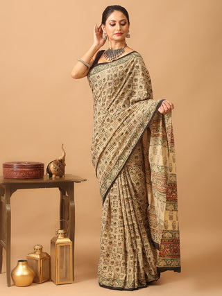 Beige Colour Pure Jaipur Cotton Saree With Bagru Print