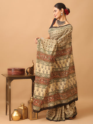 Beige Colour Pure Jaipur Cotton Saree With Bagru Print