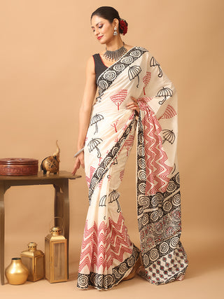 White Colour Pure Mul Jaipur Cotton Saree With Bagru Print