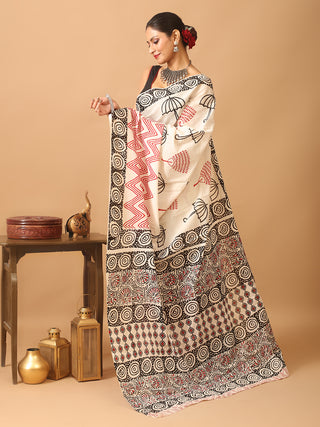 White Colour Pure Mul Jaipur Cotton Saree With Bagru Print