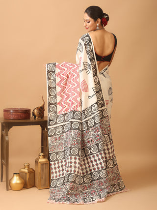 White Colour Pure Mul Jaipur Cotton Saree With Bagru Print