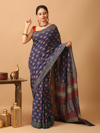 Indigo Blue Pure Jaipur Mul Cotton Sari With Bagru Discharge Print