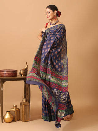 Indigo Blue Pure Jaipur Mul Cotton Sari With Bagru Discharge Print
