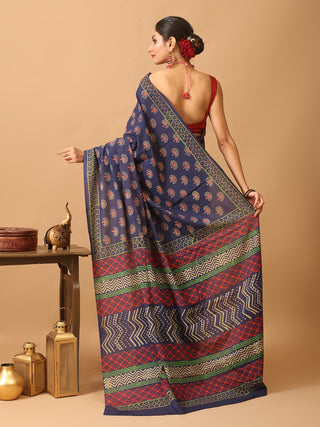 Indigo Blue Pure Jaipur Mul Cotton Sari With Bagru Discharge Print