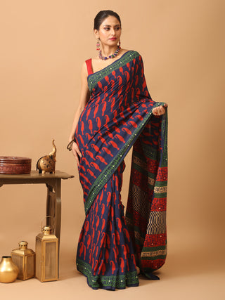 Indigo Blue Pure Jaipur Mul Cotton Saree With Bagru Discharge Print, Highlighted With Mirrors