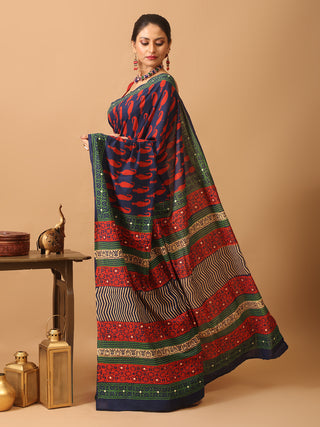 Indigo Blue Pure Jaipur Mul Cotton Saree With Bagru Discharge Print, Highlighted With Mirrors