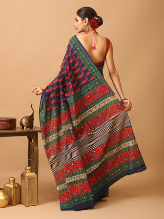 Indigo Blue Pure Jaipur Mul Cotton Saree With Bagru Discharge Print, Highlighted With Mirrors