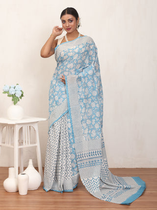 White Pure Jaipur Mul Cotton Saree With Bagru Print