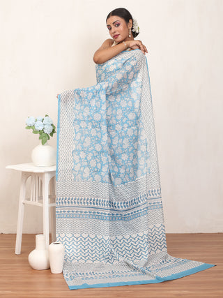 White Pure Jaipur Mul Cotton Saree With Bagru Print