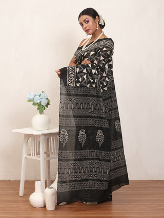 Black Pure Jaipur Mul Cotton Saree With Bagru Print