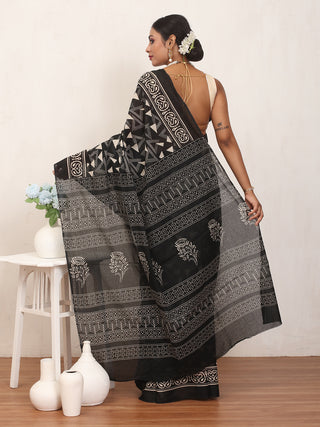 Black Pure Jaipur Mul Cotton Saree With Bagru Print
