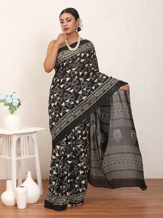 Black Pure Jaipur Mul Cotton Saree With Bagru Print