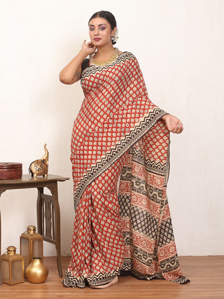 Brick Red Pure Jaipur Mul Cotton Saree With Bagru Print