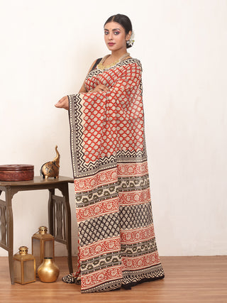 Brick Red Pure Jaipur Mul Cotton Saree With Bagru Print