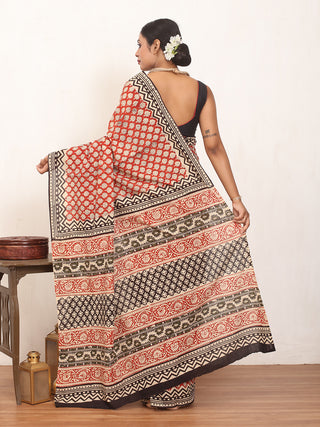 Brick Red Pure Jaipur Mul Cotton Saree With Bagru Print