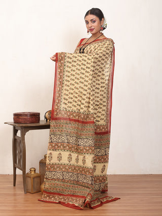 Beige Pure Jaipur Mul Cotton Saree With Bagru Print