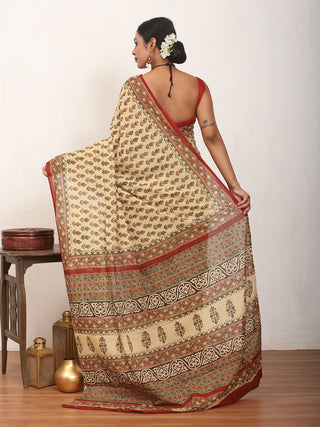 Beige Pure Jaipur Mul Cotton Saree With Bagru Print