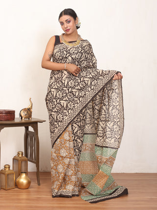 Black And Yellow Ochre Pure Jaipur Mul Cotton Saree With Bagru Print