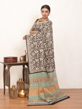 Black And Yellow Ochre Pure Jaipur Mul Cotton Saree With Bagru Print